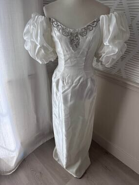 Mike Benet Formal Vtg 80s Sz 10 White Wedding Dress Sequin Puffed Sleeve Taffeta
